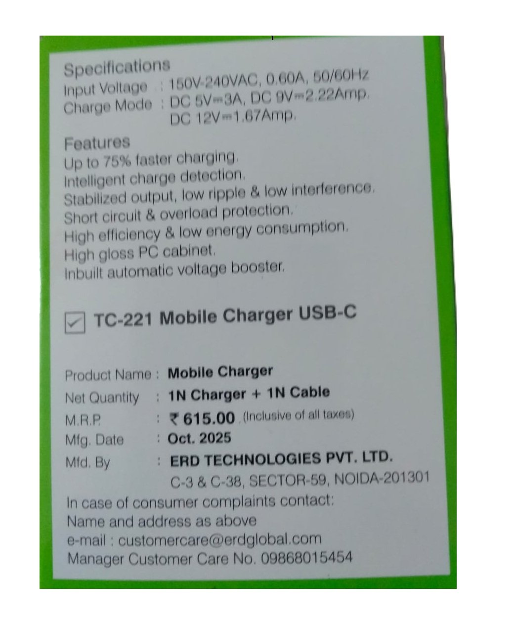 Charger- ERD TC-221 20W Fast Charger (USB-A) with USB-C Cable - Image 3