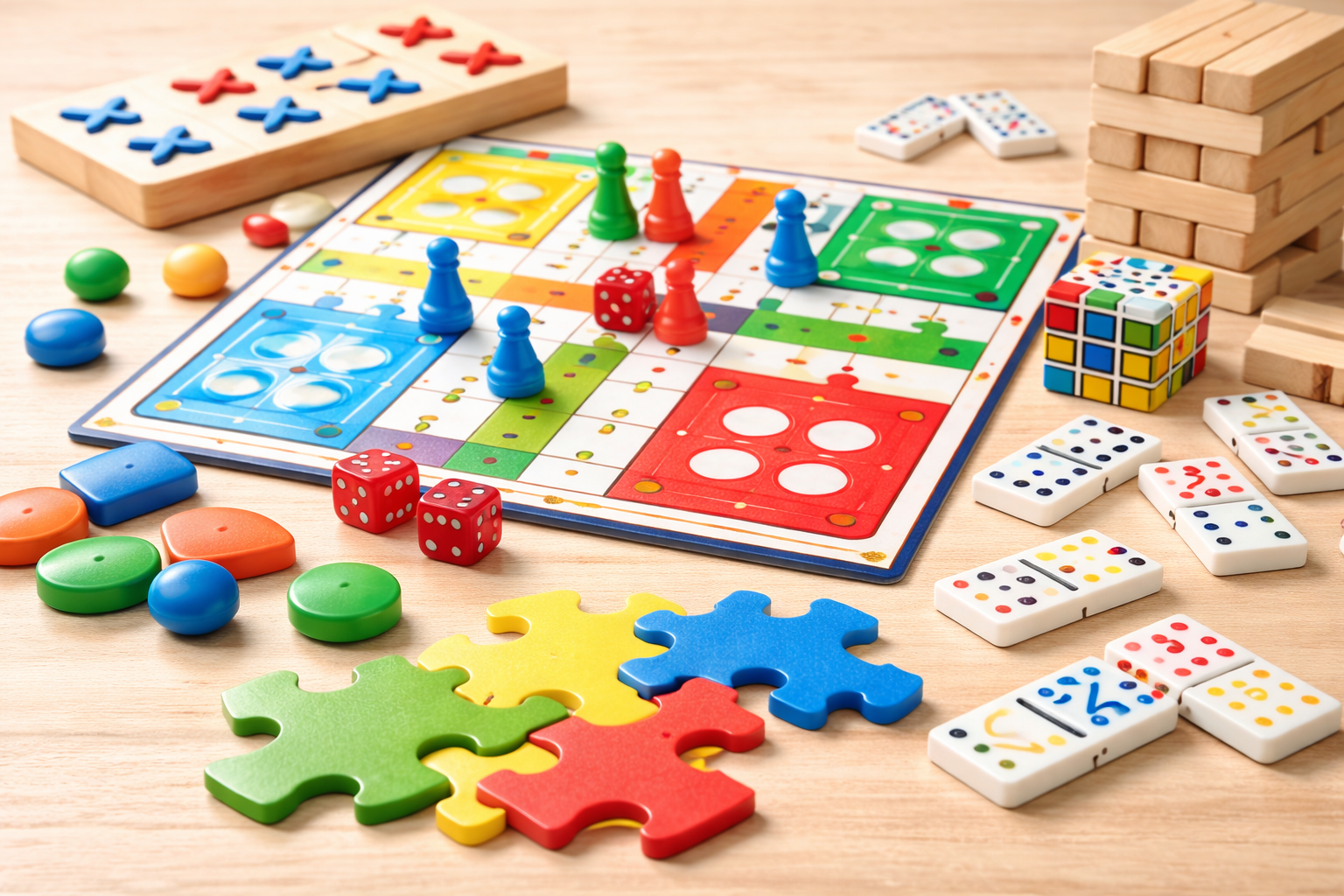 Colorful board games and puzzles collection