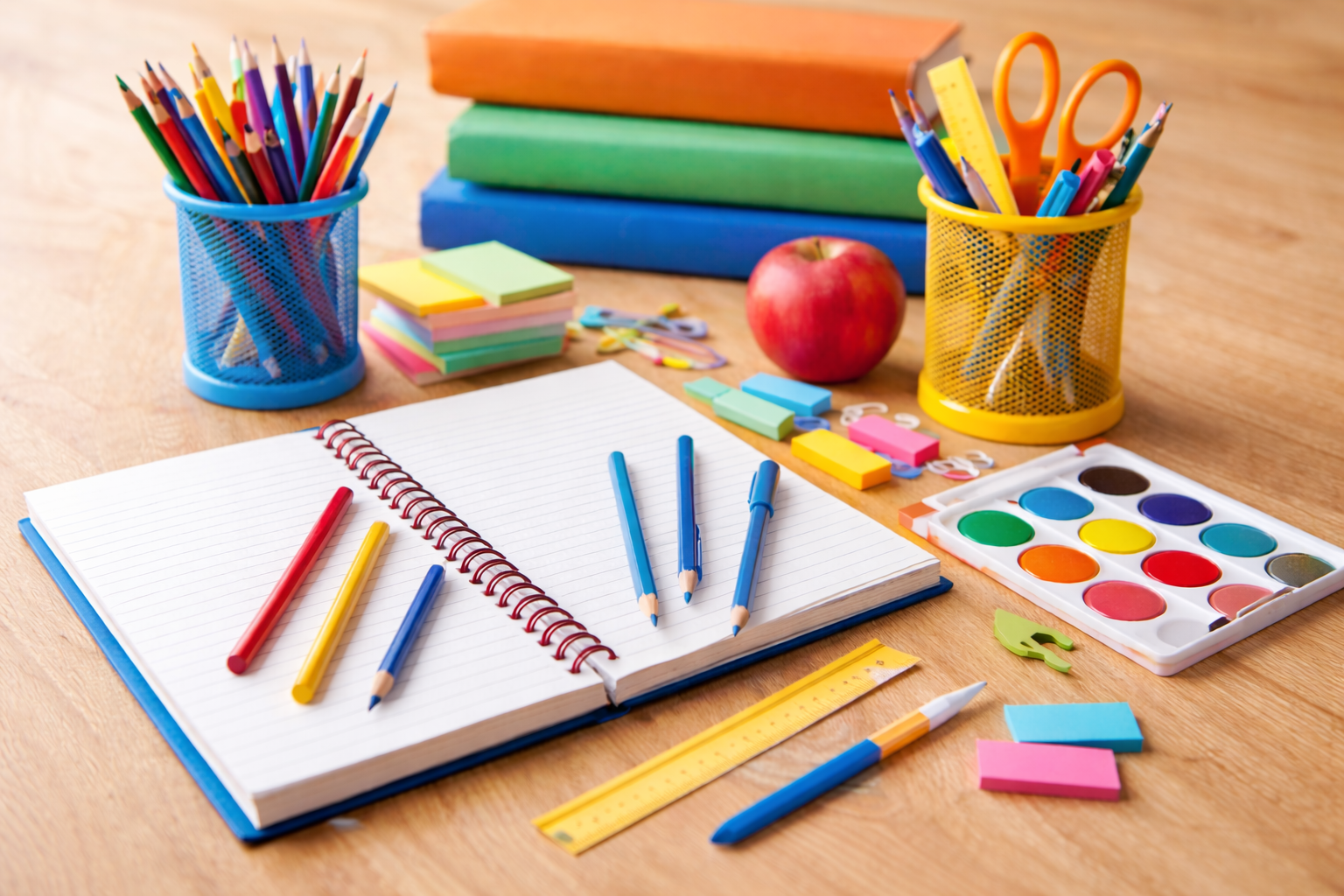 Stationery supplies on a wooden desk