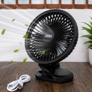 UBON FN-207 Rechargeable Clip Desk Fan | 1200mAh Battery | 3 Speed Modes | Portable USB Charging | Black