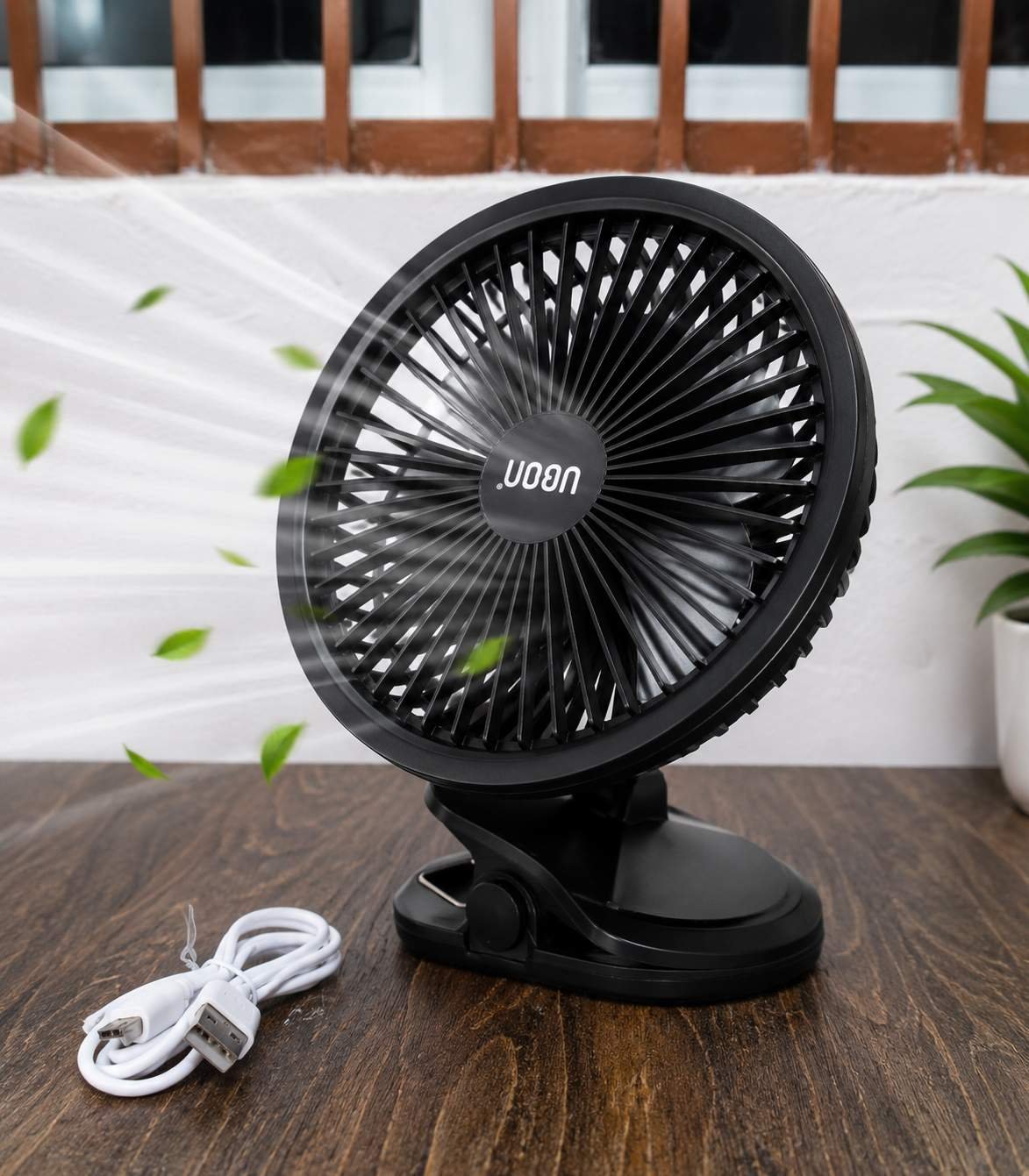 UBON FN-207 Rechargeable Clip Desk Fan | 1200mAh Battery | 3 Speed Modes | Portable USB Charging | Black