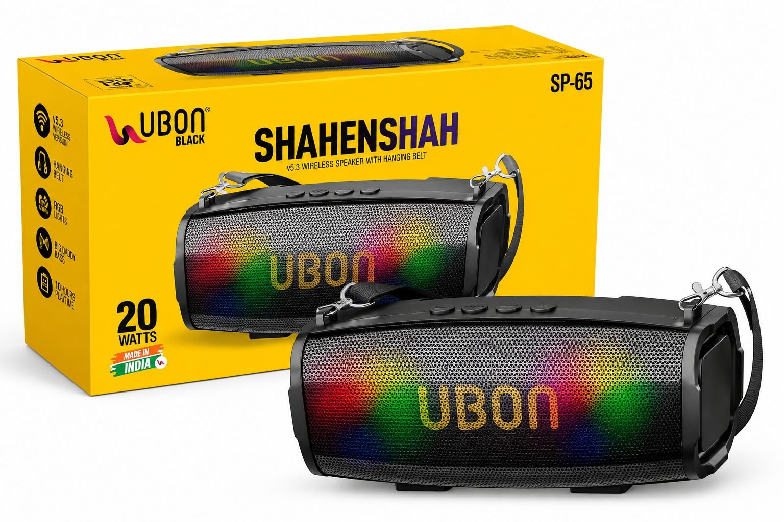 UBON Black Shahenshah SP-65 20W Wireless Bluetooth Speaker | RGB Lights | Bluetooth v5.3 | USB, TF Card, AUX & FM Radio | 10 Hours Playtime | Black