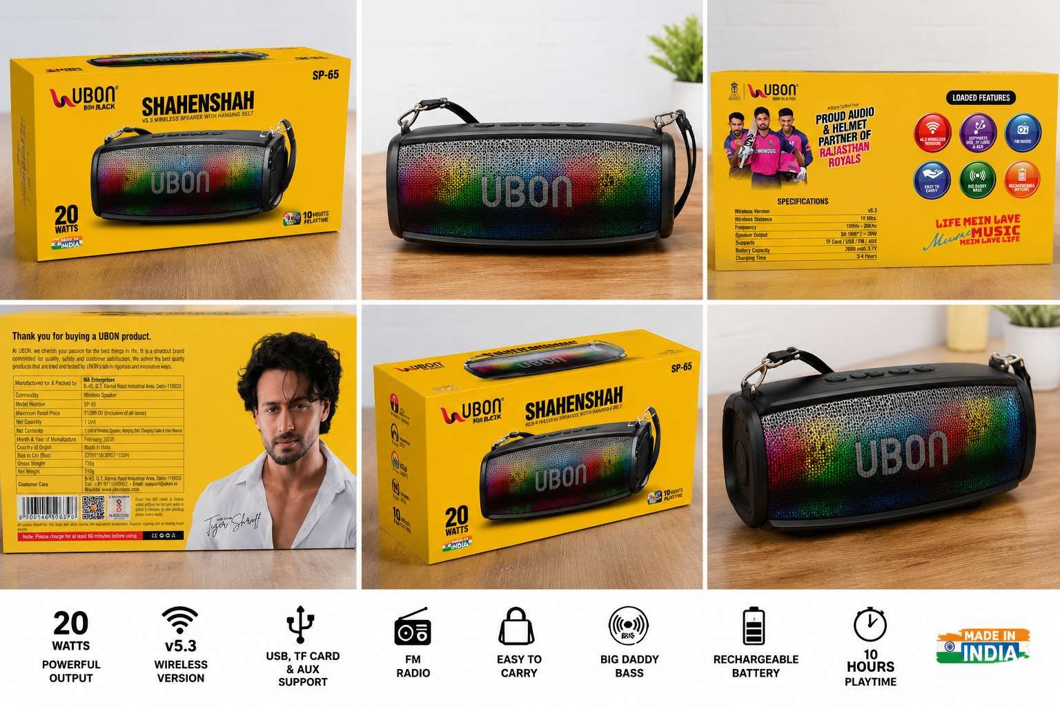 UBON Black Shahenshah SP-65 20W Wireless Bluetooth Speaker | RGB Lights | Bluetooth v5.3 | USB, TF Card, AUX & FM Radio | 10 Hours Playtime | Black - Image 2