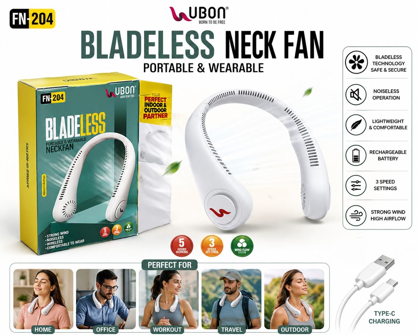 UBON FN-204 Bladeless Portable & Wearable Neck Fan | Rechargeable | 3 Speed Modes | Up to 5 Hours Working Time | Assorted Colours