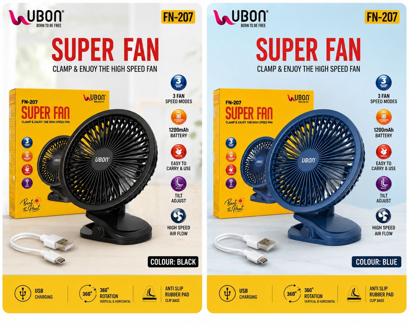 UBON FN-207 Rechargeable Clip Desk Fan | 1200mAh Battery | 3 Speed Modes | Portable USB Charging | Black - Image 2