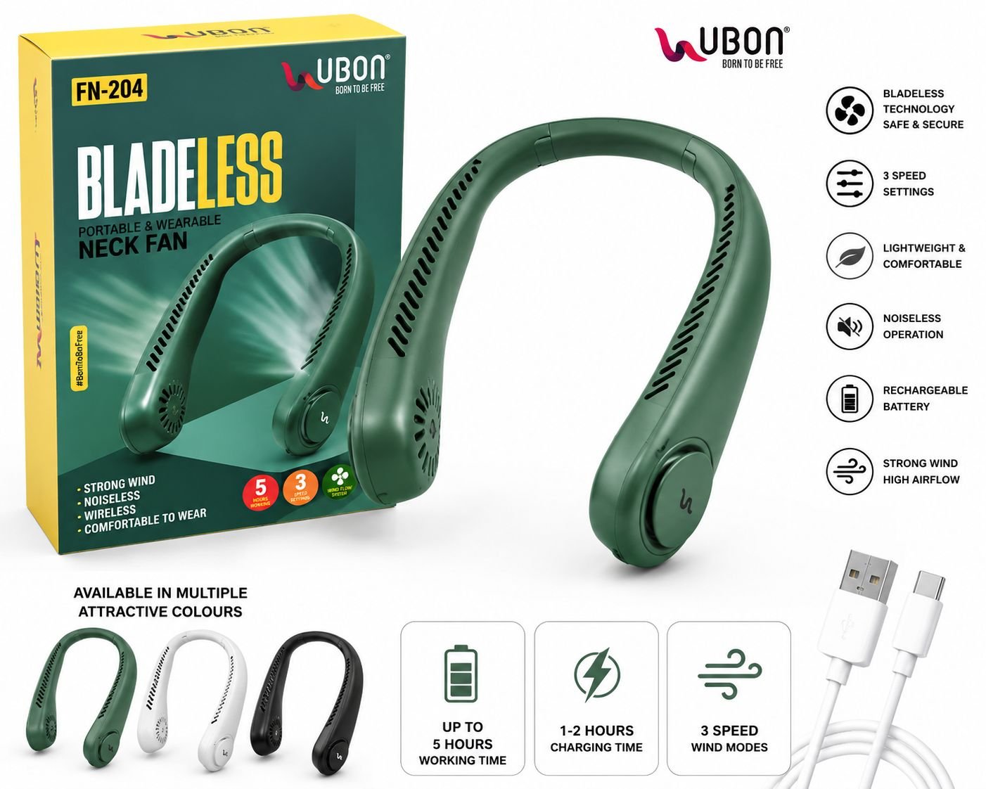UBON FN-204 Bladeless Portable & Wearable Neck Fan | Rechargeable | 3 Speed Modes | Up to 5 Hours Working Time | Assorted Colours - Image 2