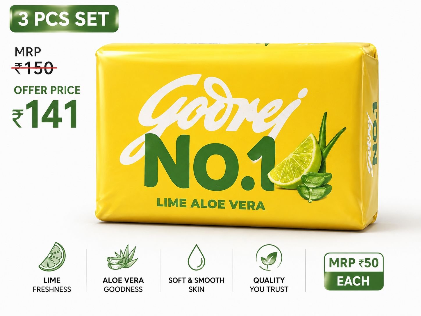Bath Soap – Godrej No.1 Lime Aloe Vera Soap 150g – 3 Pcs Set