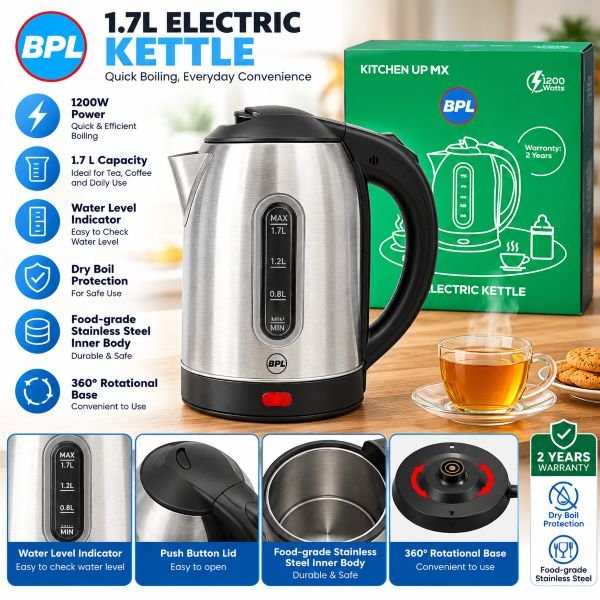Electric Kettle- BPL 1.7L Electric Kettle – 1200W, Stainless Steel, BEKPS00517
