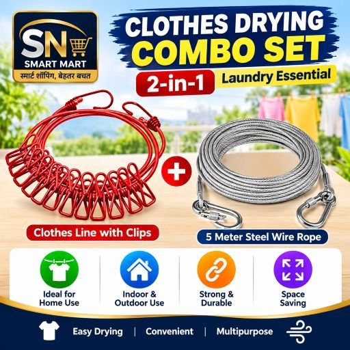 Clothes Drying Combo Set – Clothes Line with Clips + 5 Meter Heavy Duty Steel Wire Rope
